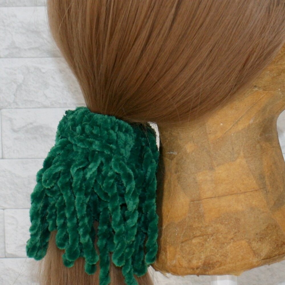 HAND CRAFTED Hair Scrunchie Crochet Chenille Velvet Oversized Fringe Green